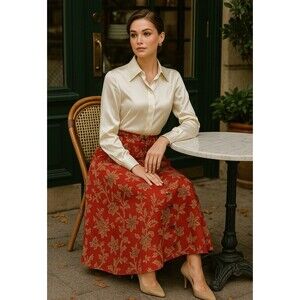 Vintage Floral Cottagecore Red Skirt  Button-down A-Line Size 12 Retro Formal